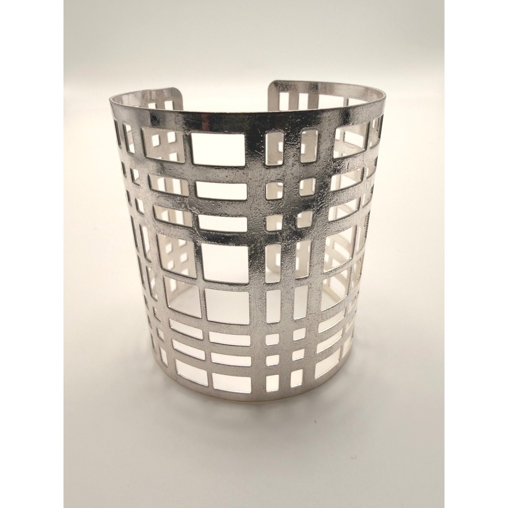 Silver Tone Geometric Cutout Wide Cuff Statement Bracelet Modern Industrial